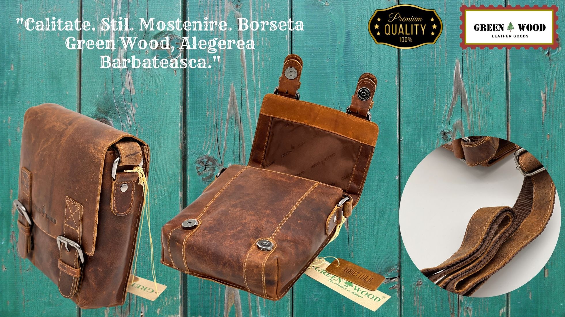 Borseta de umar pentru barbati maro din piele naturala Green Wood